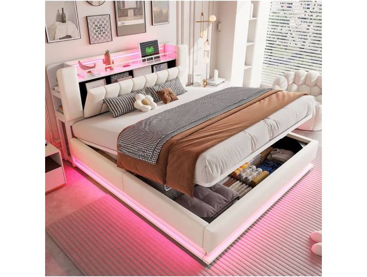 Lit rembourré SENVIRO avec rangement et éclairage LED beige 180 x 200