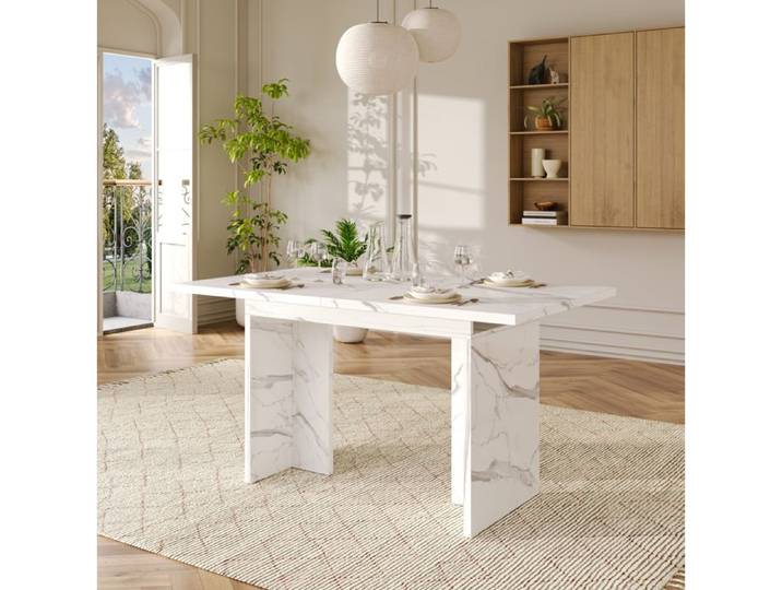 Table Extensible Blanc Marbre Table Repas Moderne FloraGrace Pour Salle A Manger Rallonge Sous Table 180x80x75cm