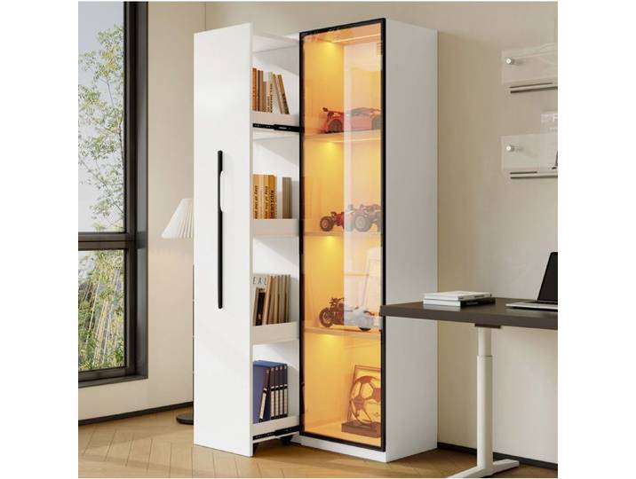 Meuble rangement vitrine bibliotheque coulissante LED 70 x 40 x 160 cm porte verre trempe MDF blanc Grjofek