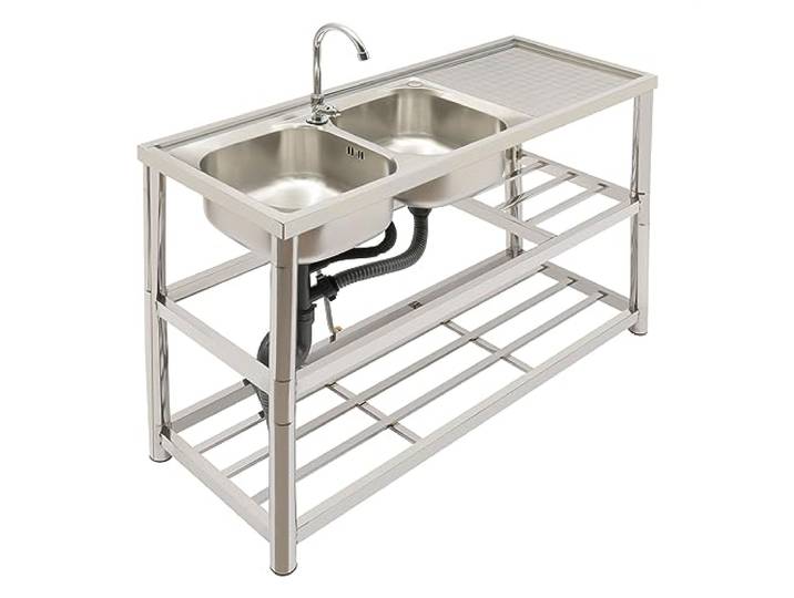 Levkitch Freistehende Edelstahl Spültisch,2 Becken Spüle mit Unterschrank, Küchenspüle mit Wasserhahn,2 Stock Lagerregal,Mobiler Outdoor-Küchenwaschtisch
