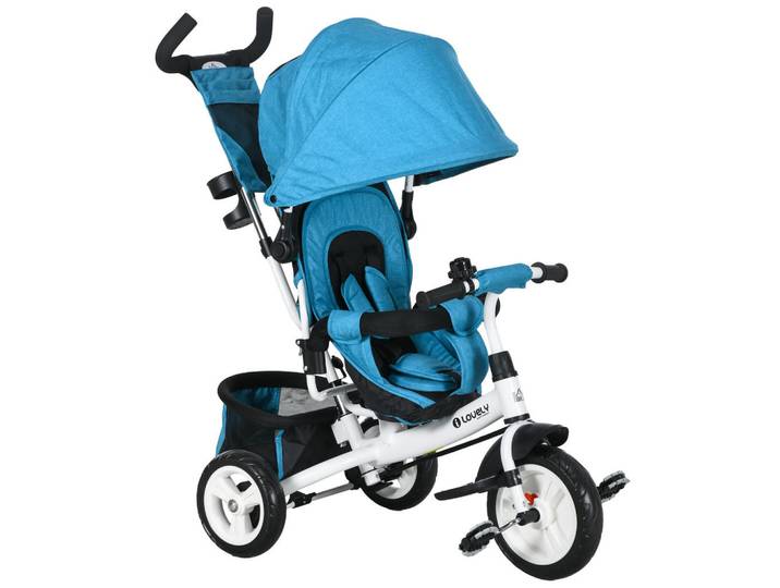 Homcom 6-In-1 Dreirad mit Schubstange, Kinderdreirad mit abnehmbarem Sonnendach, Hellblau, Metall, 49x102x102 cm, unisex, Spielzeug, Kinderfahrzeuge