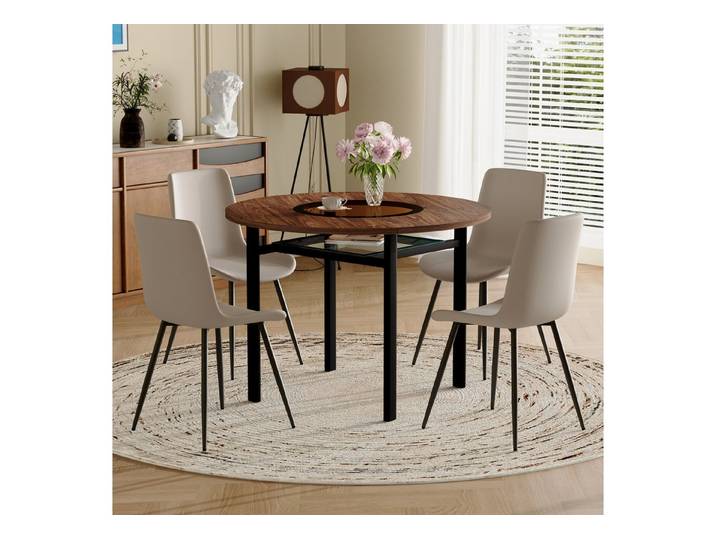 STILVORA Essgruppe Runder Tisch-Set mit Ablagefach 4 warmgrauem PU-Sesseln&brauner Tisch