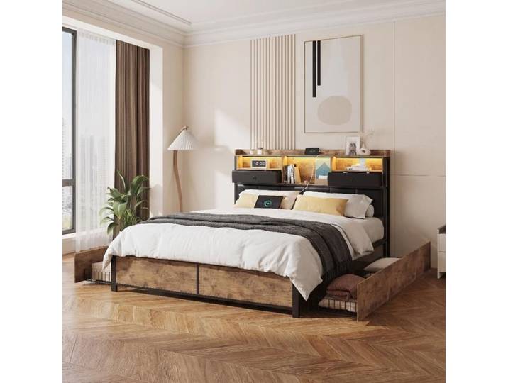 Lit Double 160x200 avec Rangement 4 Tiroirs Tête Chesterfield LED Bleu USB Cadre Noir Style Loft Rétro pour Studio