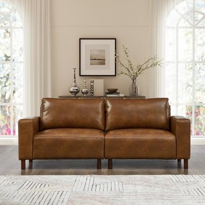 Modern Upholstery Loveseat with Breathable PU Leather, Square Arms and Solid Wood Legs by GDFStudio