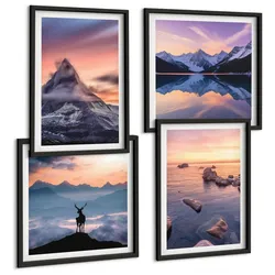 BILDER SET 4er Set - 50x50 cm & 40x60 cm Schwarzer Rahmen - Landschaften Berge Seen jelen