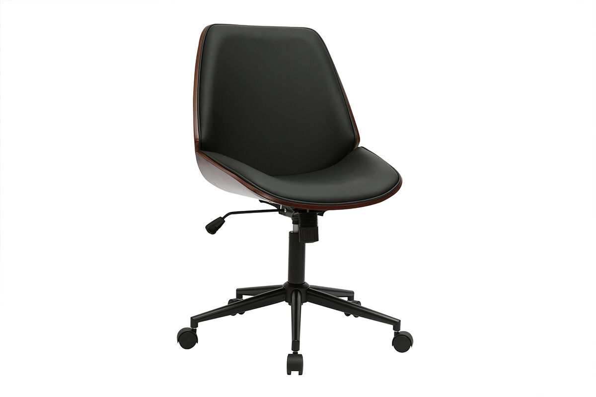 Miliboo Chaise de bureau à roulettes noire et bois foncé DOUGLAS