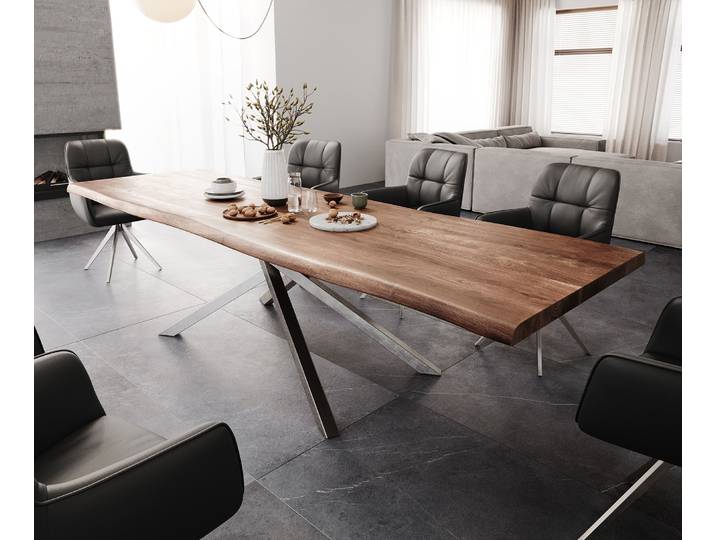 Esstisch Edge 300x100 XL Akazie Braun Kreuzgestell Rechteck Edelstahl Live-Edge, Esstische, Baumkantenmöbel, Massivholzmöbel, Massivholz