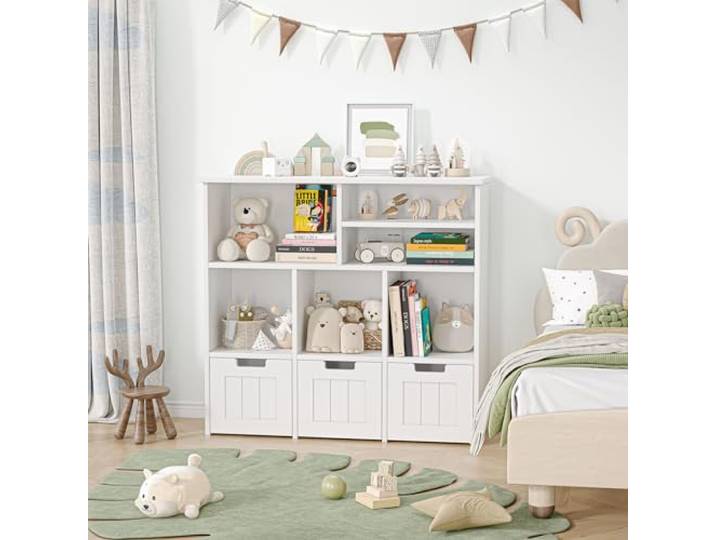 IDEALHOUSE Kinder Bücherregal & Spielzeugregal Mit Verdeckten Rollen 6 Fächer, 3 herausnehmbare Schubladen, Spielzeugaufbewahrung fürs Kinderzimmer/Spielzimmer/Babyzimmer