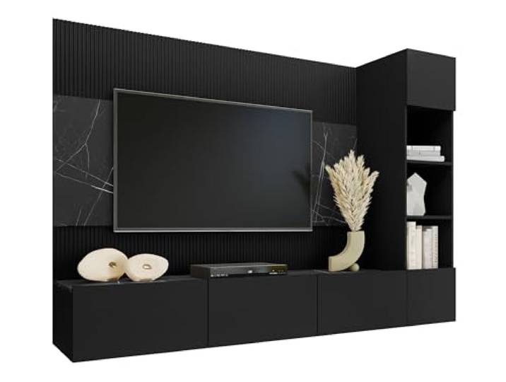Mirjan24 Wohnwand Deromi (Schwarz + Schwarz Marmor, 1x Hängeregal) Hängewohnwand mit TV-Lowboard samt 3 Innenfächern, Hängeregal mit 5 Fächern und dekorativem TV-Paneel
