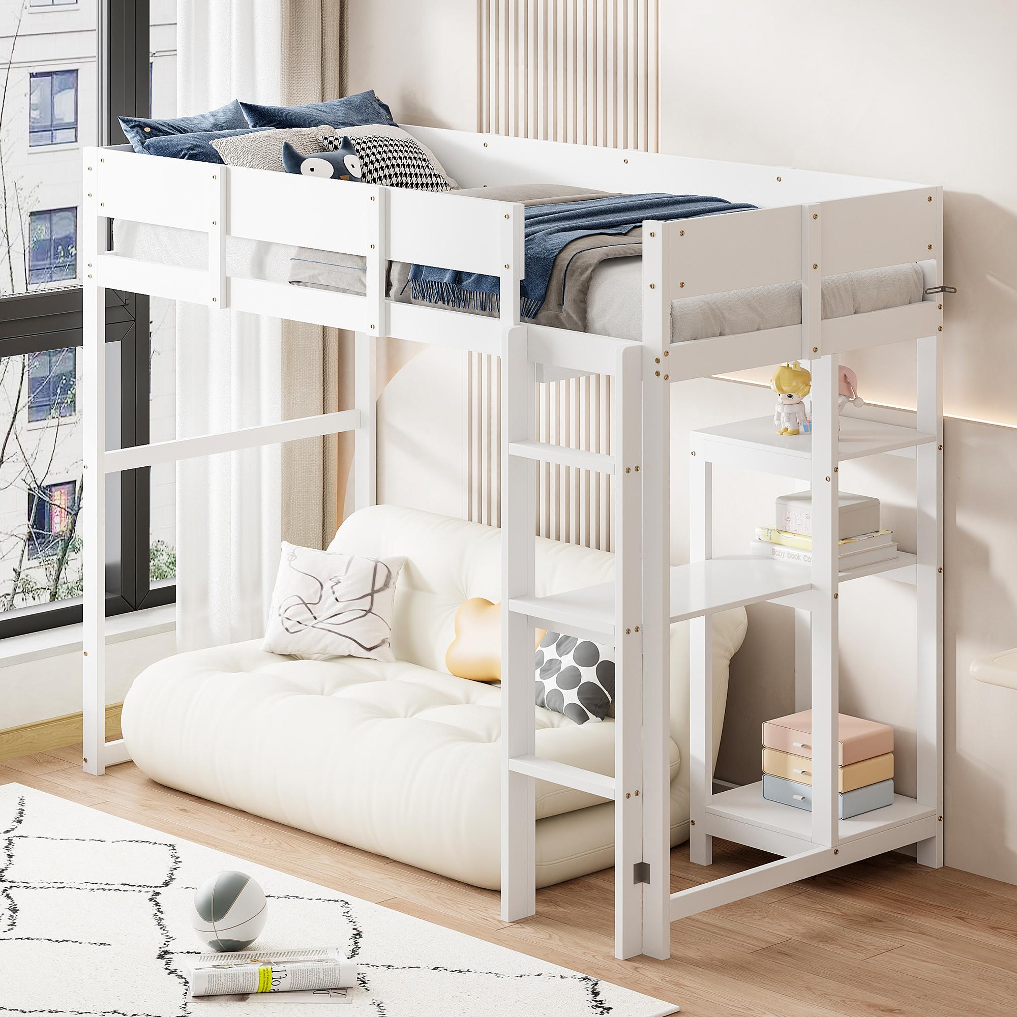 Hochbett mit Ablage 90 x 200 cm, Bettgestell aus massivem Kiefernholz mit Lattenrost,Bett für Kinder und Jugendliche Weiß