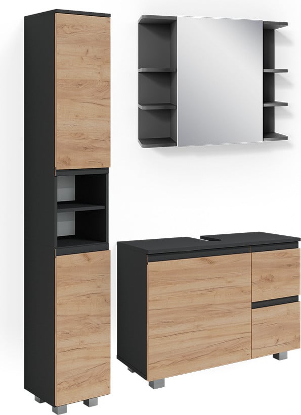 Vicco Badkamermeubel set J-Shape Antraciet/Goudkleurig Eiken 3-delig, Model 38202
