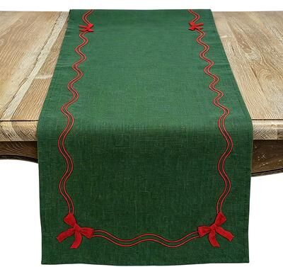Saro "Holiday Ribbon Border Table Runner - Embroidered Bow Accents & Wave Trim for Christmas Dining & Entertaining - 16""x68"""