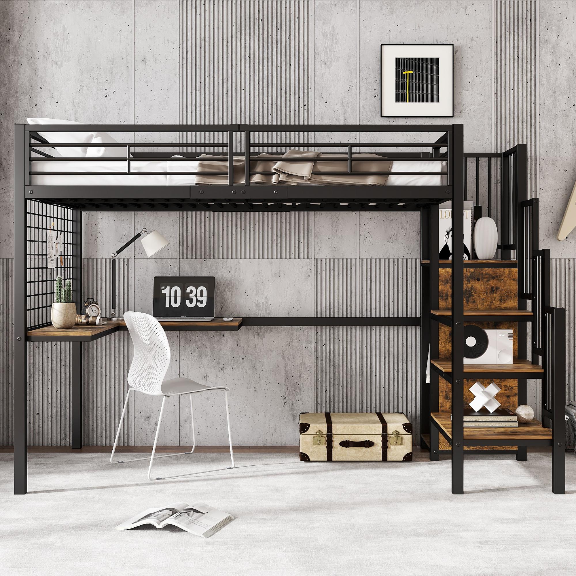 kinder hochbett mit schreibtisch 90x200 cm, integriertem Kleiderschrank und Holztreppe, Schwarz und Holzfarbe, 100% Metall und MDF