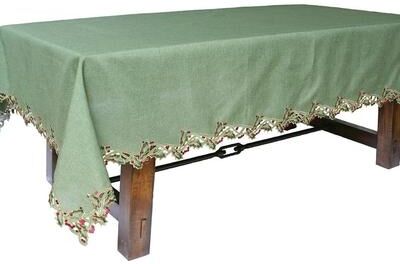 Xia Home Fashions Holiday Holly Embroidered Cutwork Tablecloth, 60 by 84-Inch, Green