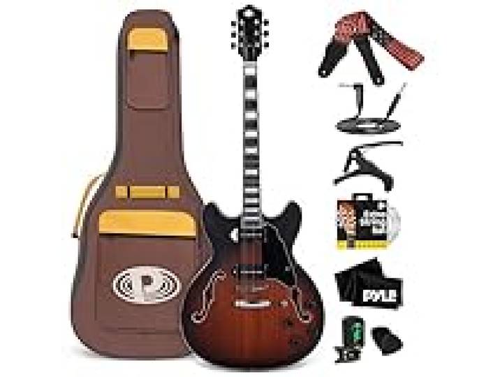 Pyle Guitare Electrique à Corps Semi-creux - Guitare- Kit Instrument Jazz Taille Complète de 106 cm avec Housse de Transport, Finition Mate et Sunburst