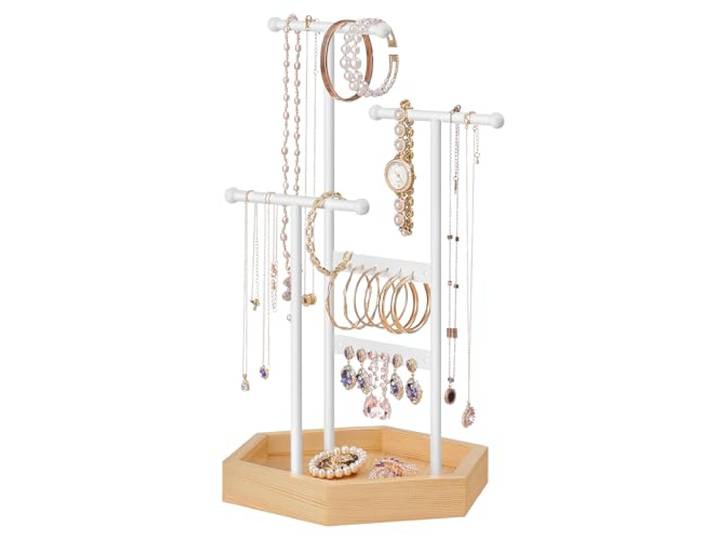 SONGMICS Schmuckständer, Schmuckhalter, 4 getrennte Bereiche, Ohrringhalter aus Metall, Schmuckaufbewahrung für Halsketten Armbänder Ohrringe, Geschenkidee, weiß-naturbeige JJS03NW