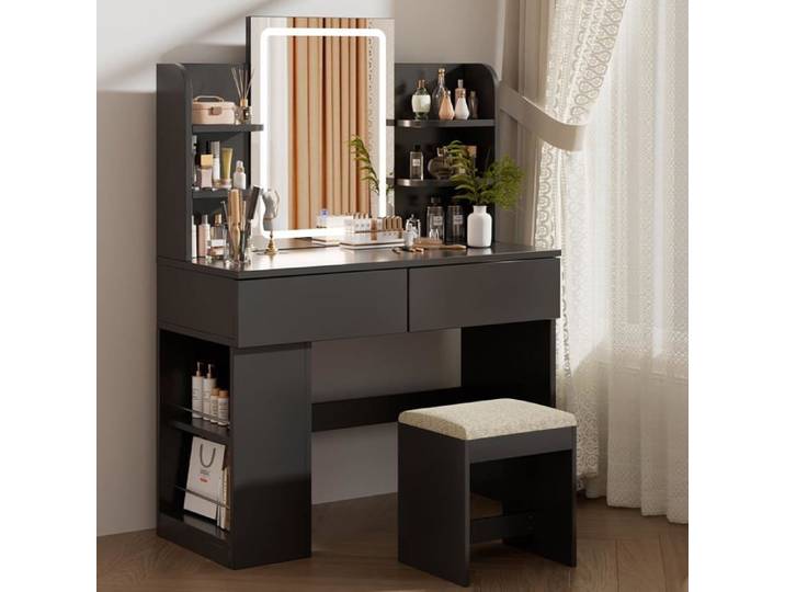Coiffeuse Noire Miroir LED Tabouret Lumière Réglable Table Maquillage 2 Tiroirs 4 Étagères Rangement Latéral Meuble Chambre