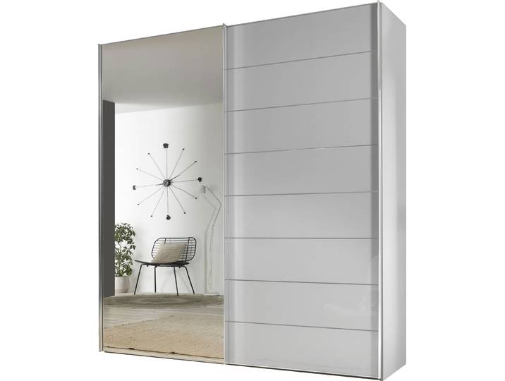 Schwebetürenschrank, Holzwerkstoff, Weiß (Alpinweißglas), 200×222×68 cm, Mit Spiegel, Modern, Staud