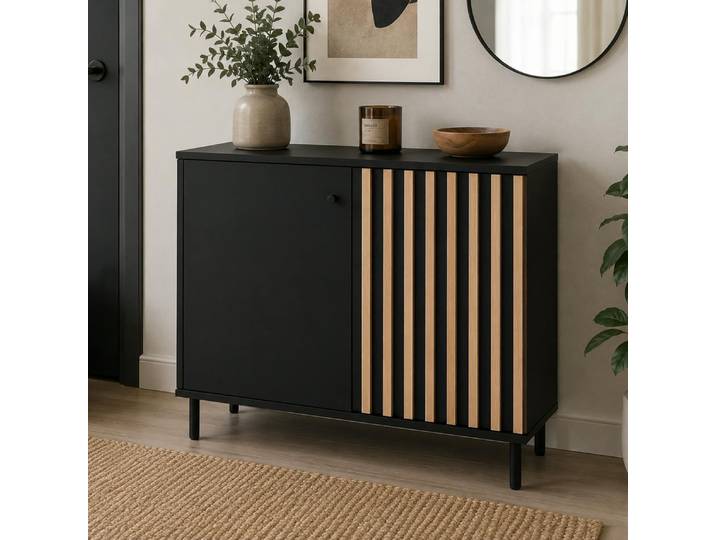 Petit Buffet 2 Portes Design Noir Et Décor Bois Noren