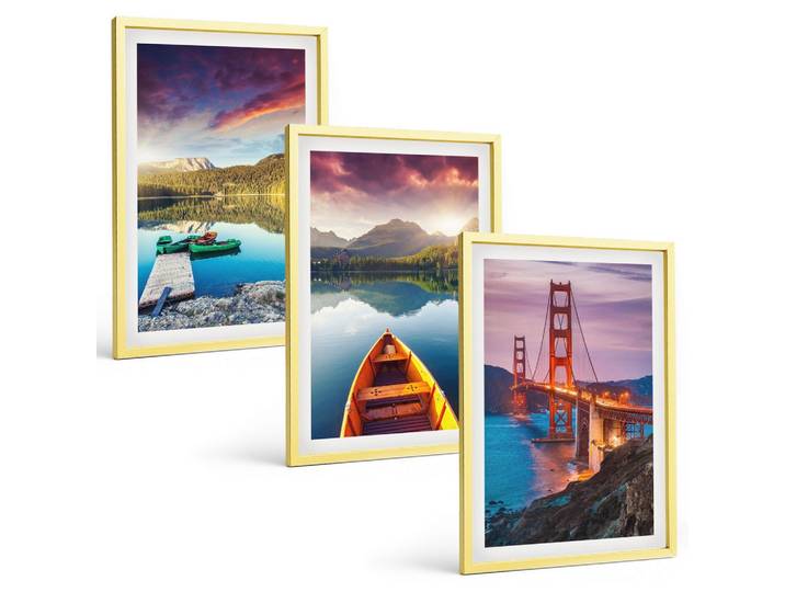BILDER SET 3er Set - 40x60 cm Goldrahmen - Bergblick auf den See und die Brücken