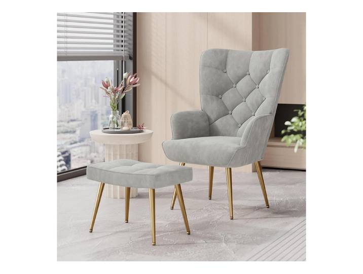 LuxusKollektion Loungesessel Sessel Loungesessel Wohnzimmer Samt Metallfüße 150kg mit Hocker Grau
