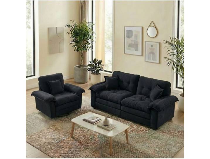 ROVRYN Ensemble canapés 2 pièces en chenille noir fauteuil 1 place + canapé 2 places assise profonde