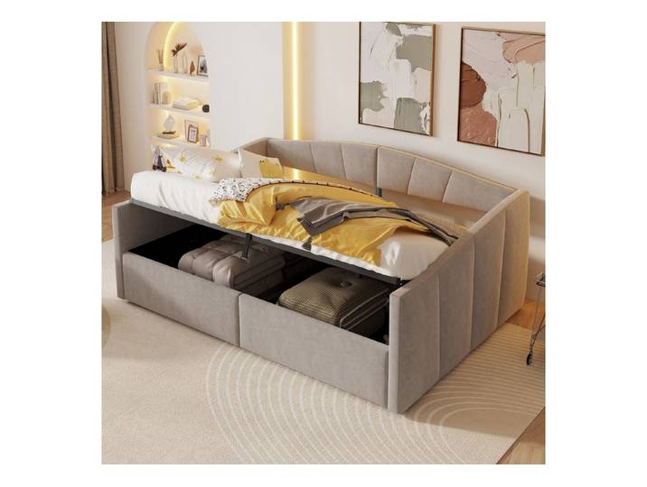 OKWISH Schlafsofa Polsterbett Stauraumbett, mit hydraulischem Stauraum, samtgepolstert & Lattenrost 140x200 cm, ohne Matratze