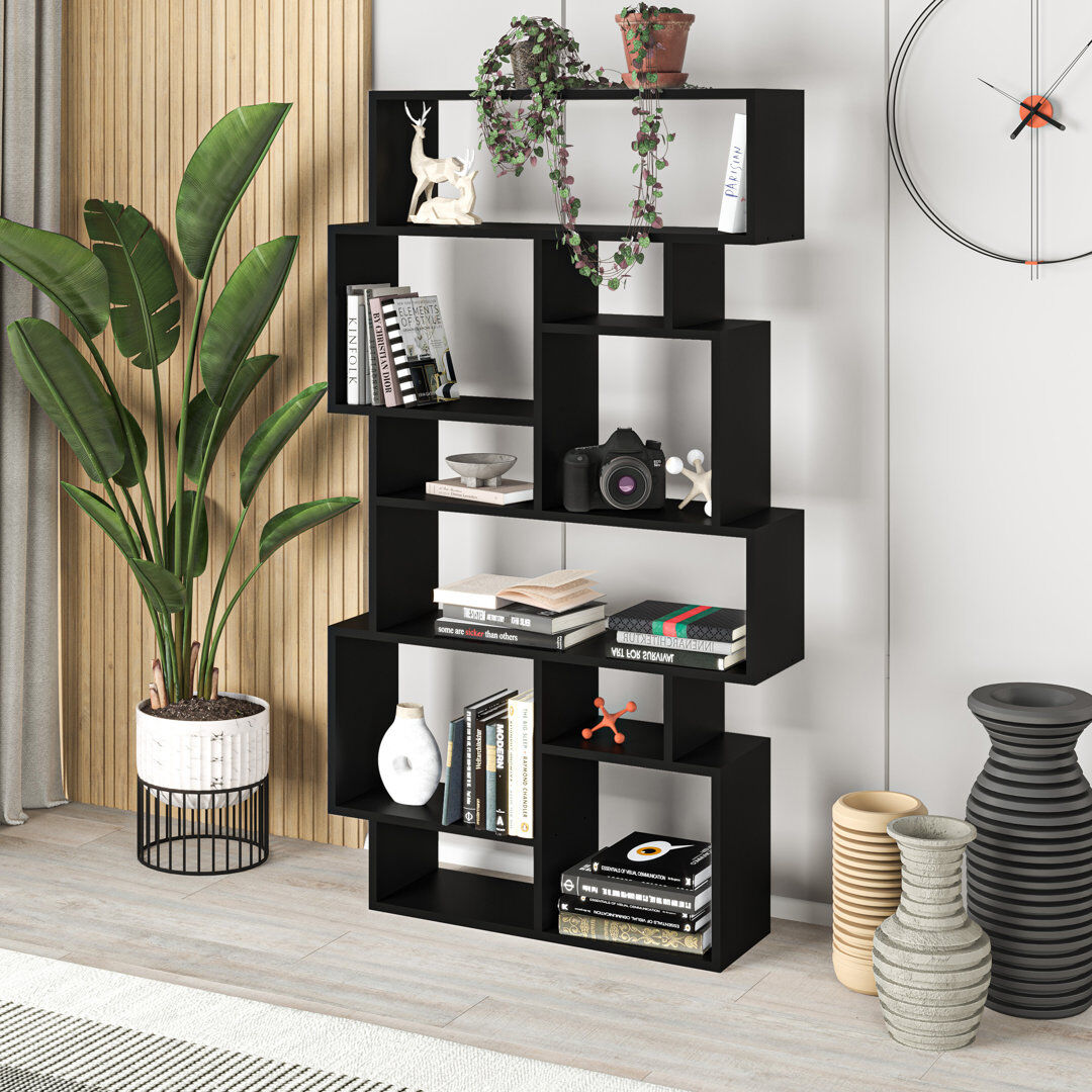 Zipcode Design Sandra Bookcase   Asymmetric Freestanding Bookcase with 10 Compartments Black 427.99cm H X 243.84cm W X 64.77cm D