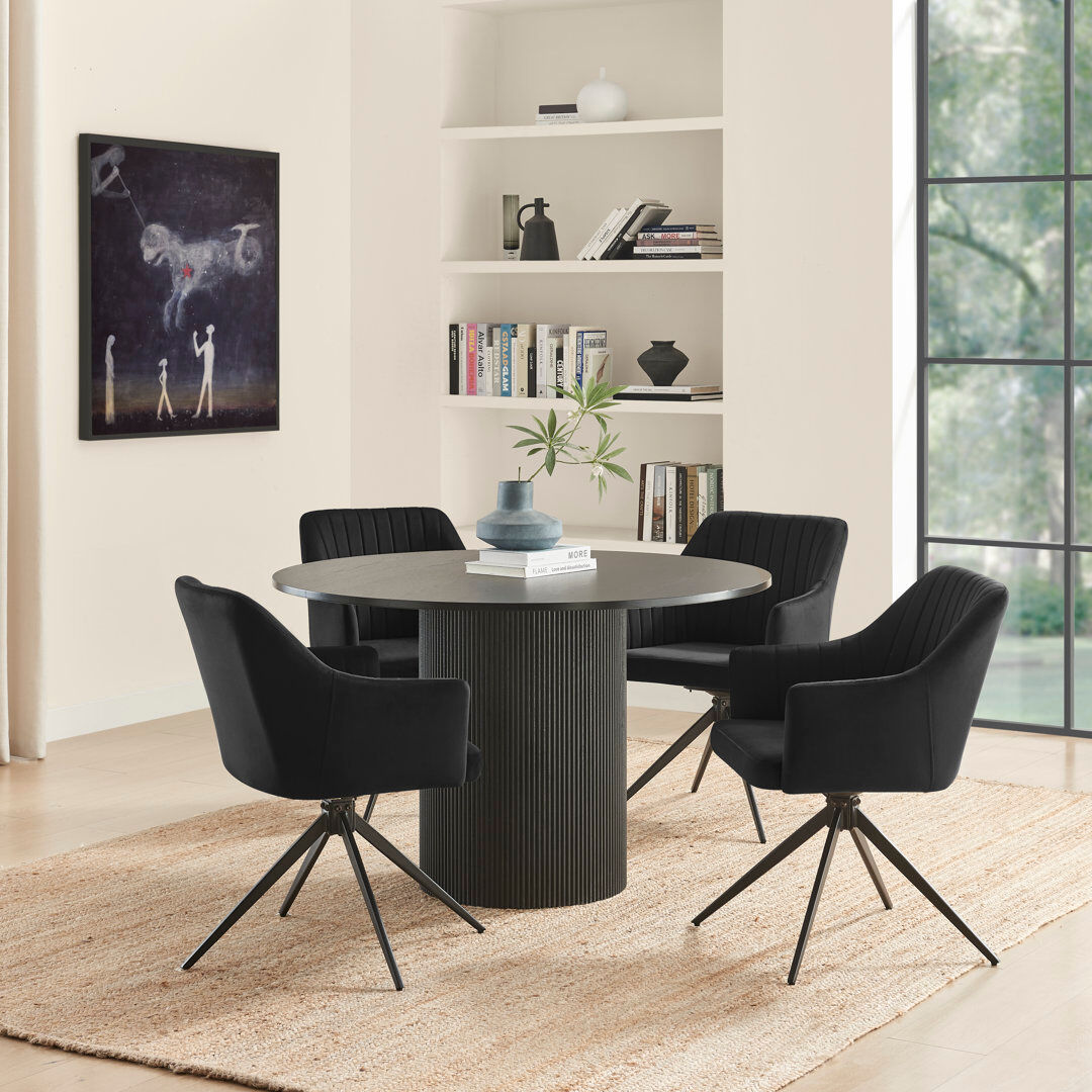 17 Stories Penny Pillar Black Round Table With 4 Calley Luxury Velvet Upholstered Swivel Dining Chairs Black 4