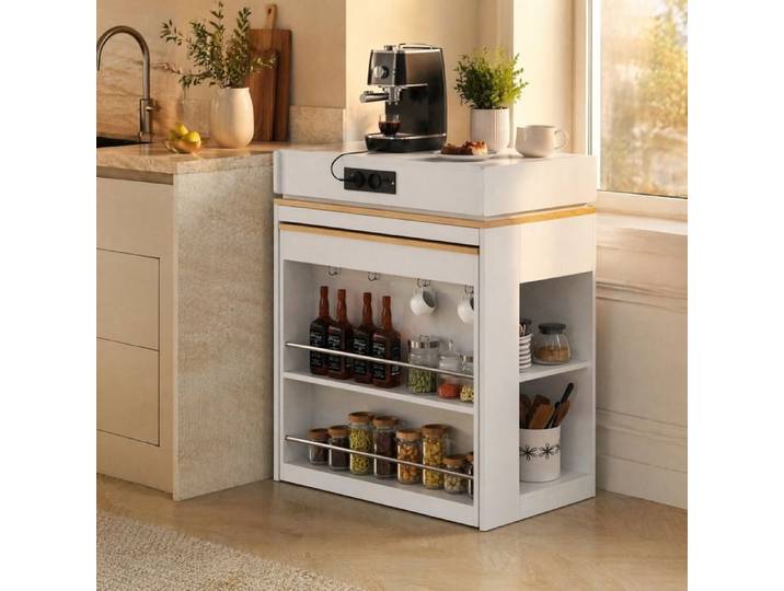 VUENOR Ilot central de cuisine extensible blanc avec prise integree et plateau rabattable
