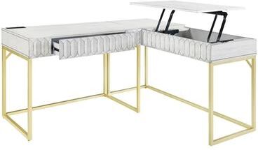 Benjara Fredie Corner Desk with Lift-Top USB Port, Gold Frame, Antique White