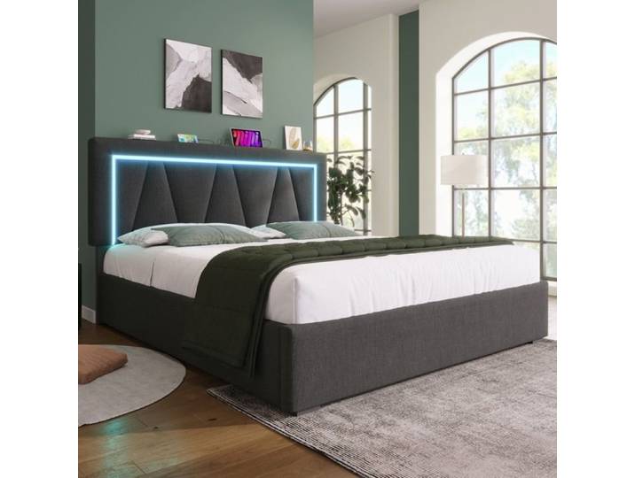 Lit rembourré LED lit double avec USB type C fonction de recharge et éclairage LED Avec ports USB Gris Avec éclairage LED