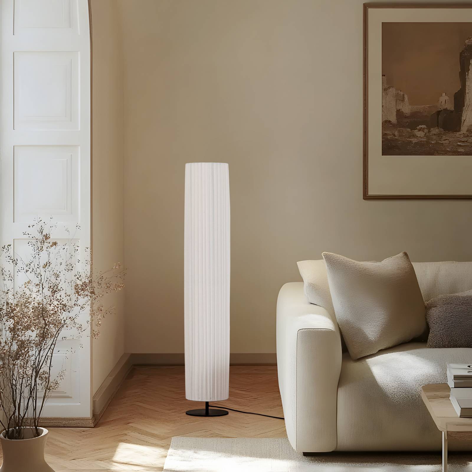 Stehlampe Virelle Lindby, weiß / opal, für Wohn- / Esszimmer, Textil / Stoff / Seide, Stehlampe