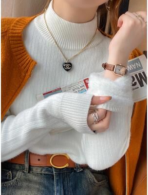 Modern Home Fixes Winter Women's Turtleneck Sweater, Thickened Inner Wear, Velvet Lining Thermal Knitting Bottoming Shirt white
