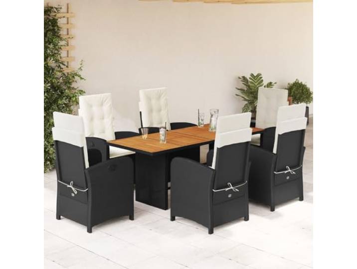 ZQQLVOO 7-TLG. Poly Rattan Essgruppe Schwarz Mit Kissen Klappbare Gartenstühle, Akazienholz Tischplatte, Abnehmbare Bezüge, Platzsparend