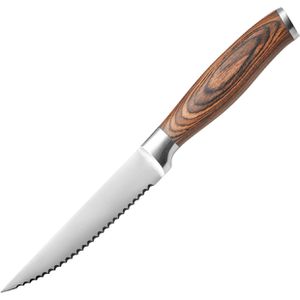 WAS Steakmesser 6 Stück, 11,5 cm Edelstahlklinge mit Wellenschliff, Pakkaholzgriff