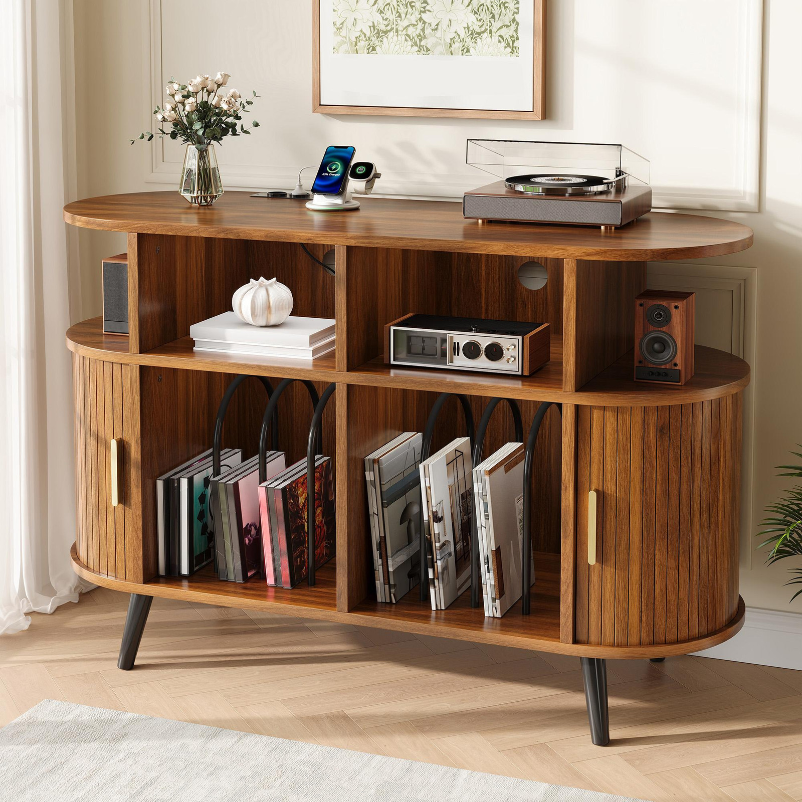 STILVORA Moderne Plankenkast met Schuifdeur en Oplaadstation, Hi-Fi-kast en Dressoir met Kabeldoorvoer, B/D/H: 110 x 40 x 76 cm