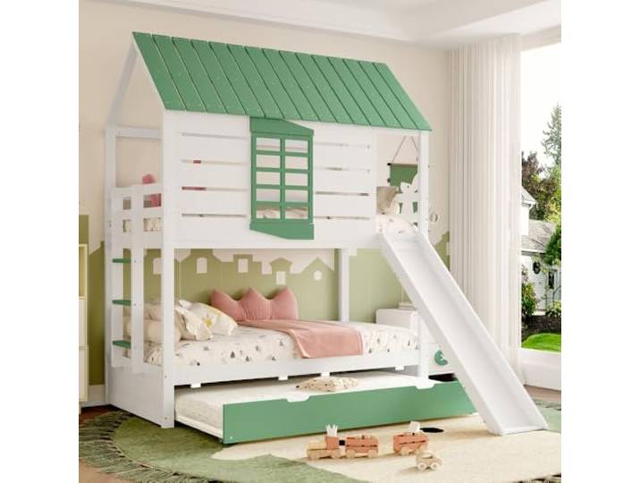 I0I&I0I Etagenbett mit Rutsche Ausziehbett für Kinder mit Stauraum, Sicherheitsgitter und Leiter für Kinderzimmer (White+Green + MDF + Pine + Plywood + 90cm*200cm)