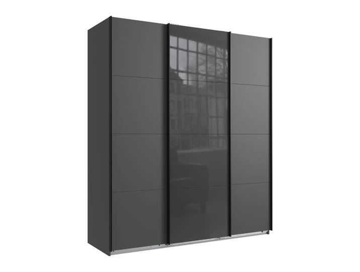 Schwebetürenschrank Kleiderschrank B180 cm H208 cm 3-trg. Grafit, 1x Tür Glas Grau / 22516