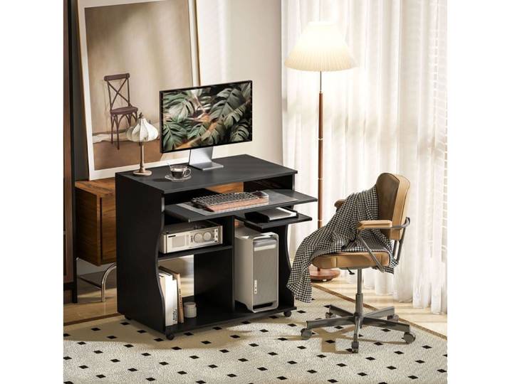 Bureau Droit avec 2 Tablettes Coulissantes Niches Ouvertes et 4 Roulettes - BEAUNIV - Noir pour Bureau 80×48×75 cm