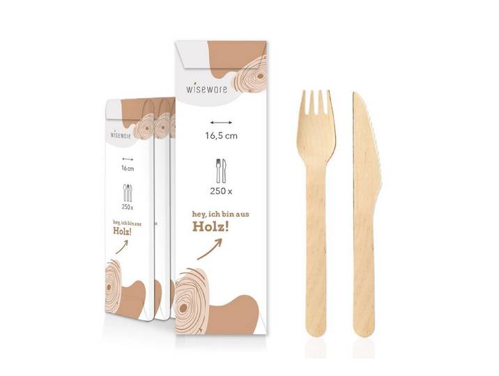 wisefood Einwegbesteck-Set Besteckset aus Holz Gabel und Holz Messer einzeln (7500-tlg), Holz