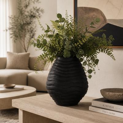 Sagebrook Home Decorative Vase - Black Terracotta Curvy Ridged Design