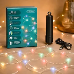 Lumineo LED Draht Lichterkette 4,9m Duracharge 50 Micro-LEDs Twinkle Effekt Batteriebetrieben Lichterdraht Timer Innen Außen 8 Funktionen Silber Bunt