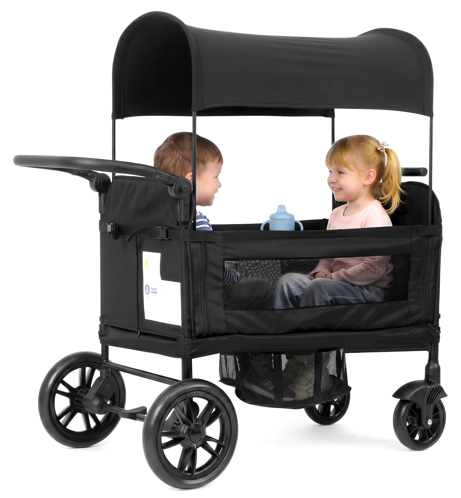 Geschwisterwagen für 2 Kinder - Doppel Kinderwagen Tandem - Klappbar - Edelstahlrahmen - 8-fach verstellbarer Schiebegriff - Sonnenverdeck - 5-Punkt-Gurt - Schwarz
