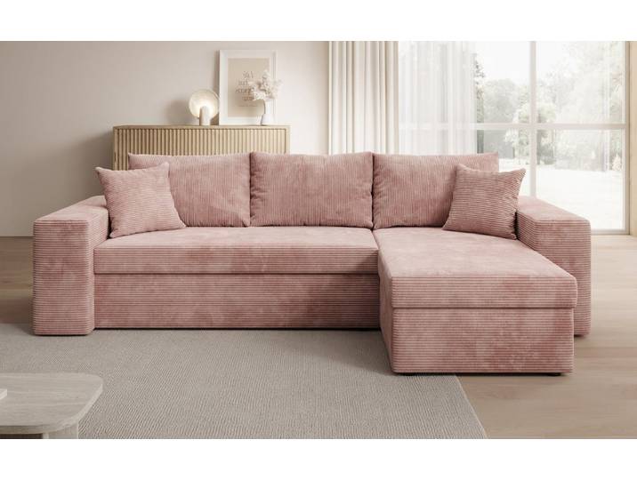 Designer Ecksofa Denver Cord mit Schlaf- und Klappfunktion - Rosé - Rechts - Cord - Luxusbetten24