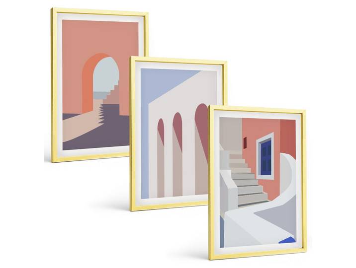 BILDER SET 3er Set - 40x60 cm Goldrahmen - Minimalistische Architekturillustrationen