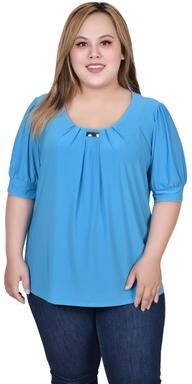 NY COLLECTION Short Sleeve Balloon Sleeve Top With Hardware
