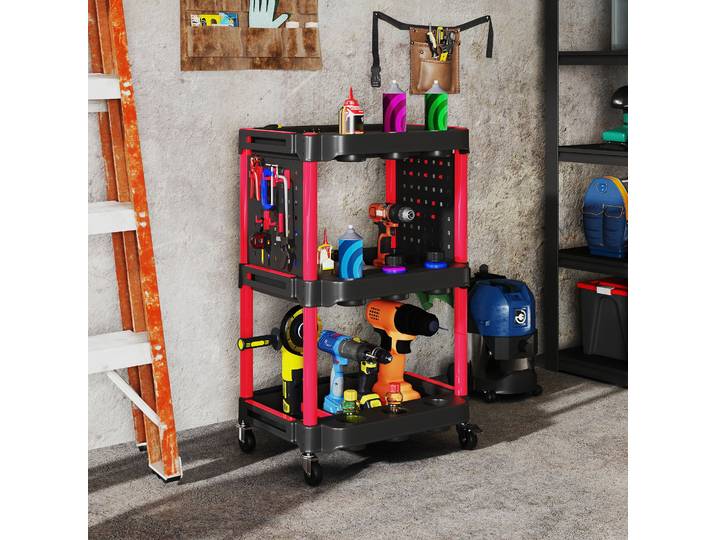 HOMCOM Chariot Atelier 3 Niveaux 91Kg Noir Rouge
