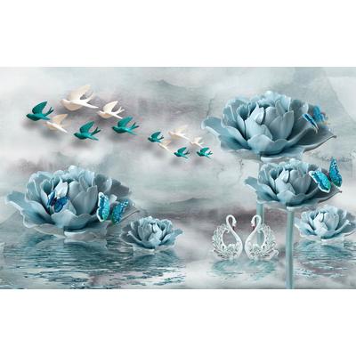 Fototapete PAPERMOON "Blumen mit Vögeln weiß blau", bunt, B:3m L:2,23m, Vlies, Tapeten