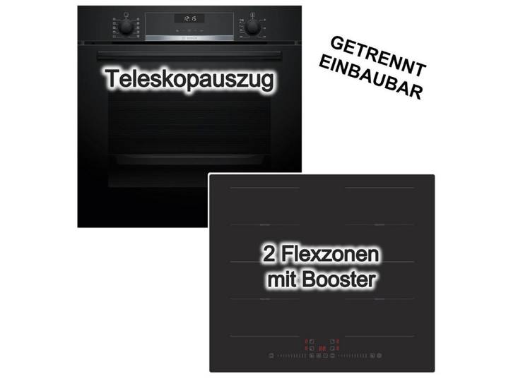 BOSCH Backofen-Set Backofen Hydrolyse ecoClean + PKM Induktionskochfeld Booster Flexzone, mit 1-fach Teilauszug, Hydrolyse EcoClean Direct